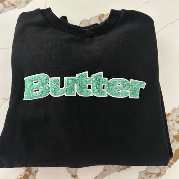 Butter Goods Crewneck Black Sweatshirt Blue Letters SZ L Skater Streatwear - Picture 2 of 8